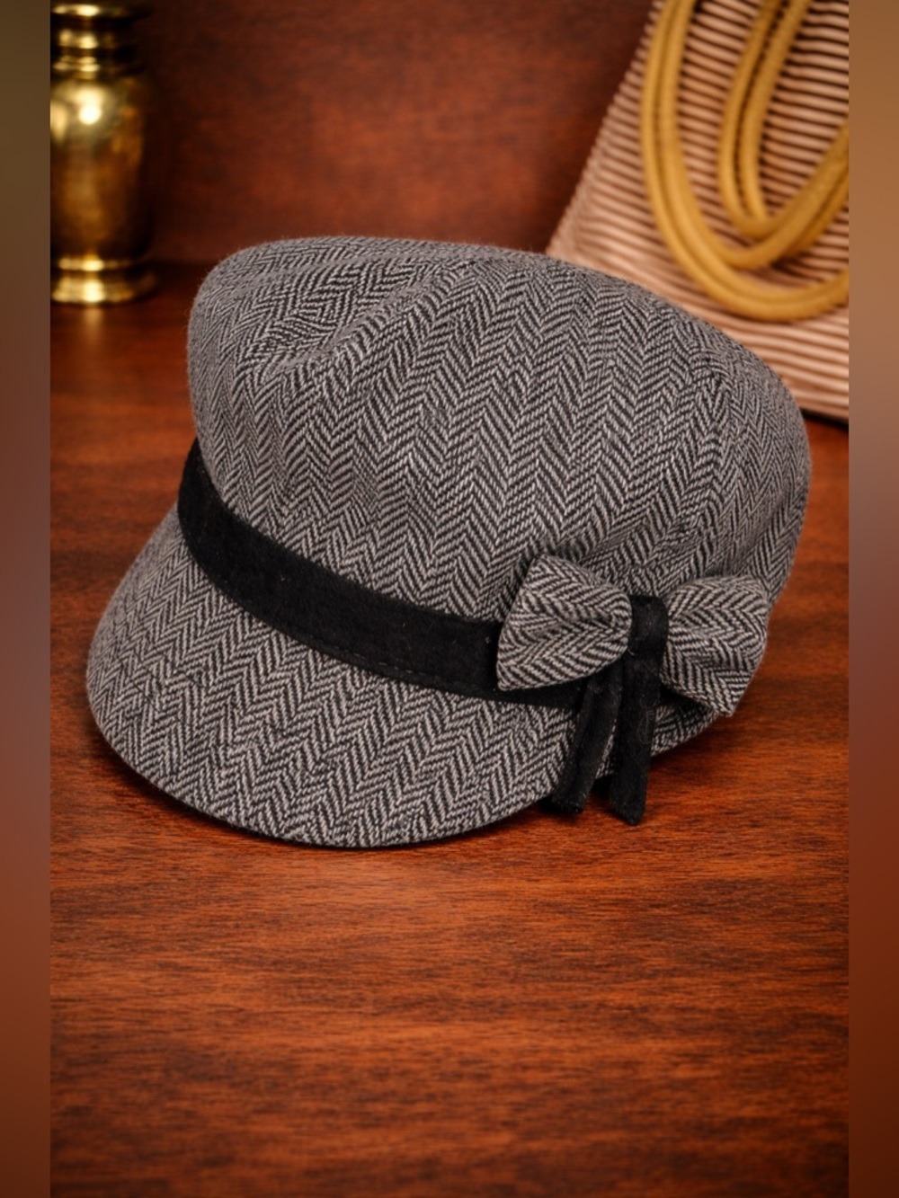 Smart Set Newsboy Cap • Grey Herringbone Hat • Black Band & Bow • Classic Chic